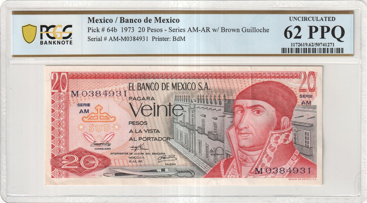 Mexico 1973 20 Pesos – Pick 64b, Series AM-AR, PCGS Choice Uncirculated 62 PPQ