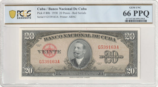 1958 Cuba 20 Pesos P-80b Red Serials PCGS 66 PPQ Gem UNC | Pre-Castro Cuba | ABNC