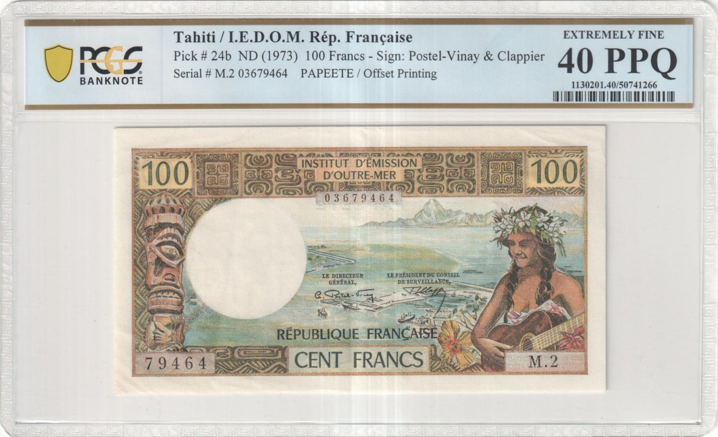 1973 Tahiti French Polynesia 100 Francs P-24b PCGS XF40 PPQ Original Paper Quality