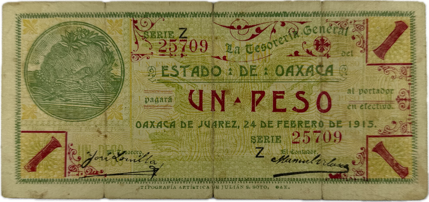 1915 Mexico Oaxaca Revolutionary 1 Peso Note | Estado de Oaxaca | Series Z | Benito Juárez