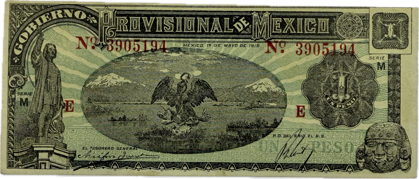 1916 Mexico Provisional de México 1 Peso Note – Serie M – Revolutionary Issue – Pick S538 – Fine/VF