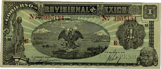 1916 Mexico Provisional de México 1 Peso Note – Serie M – Revolutionary Issue – Pick S538 – Fine/VF