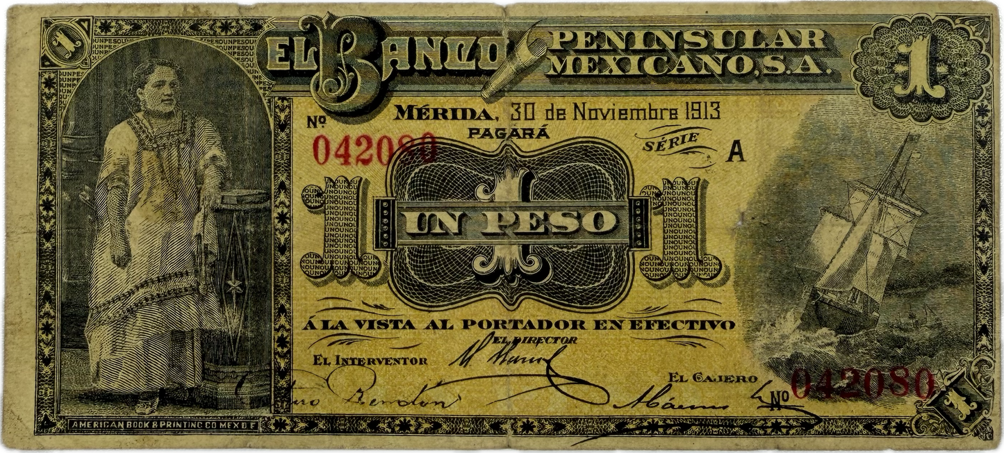 1913 Mexico Banco Peninsular Mexicano 1 Peso P-S464 Series A Mérida Yucatán Revolutionary Currency VG-F