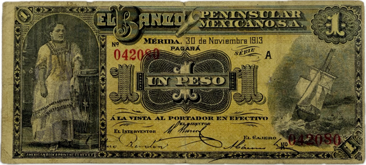 1913 Mexico Banco Peninsular Mexicano 1 Peso P-S464 Series A Mérida Yucatán Revolutionary Currency VG-F