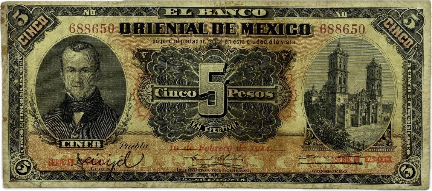 1914 Banco Oriental de México 5 Pesos Puebla Pick S185a Mexican Banknote Fine-Very Fine