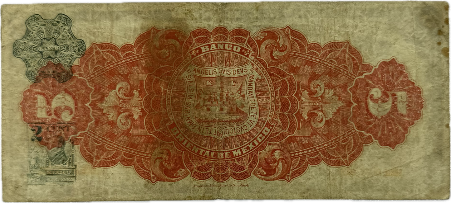 1914 Banco Oriental de México 5 Pesos Puebla Pick S185a Mexican Banknote Fine-Very Fine