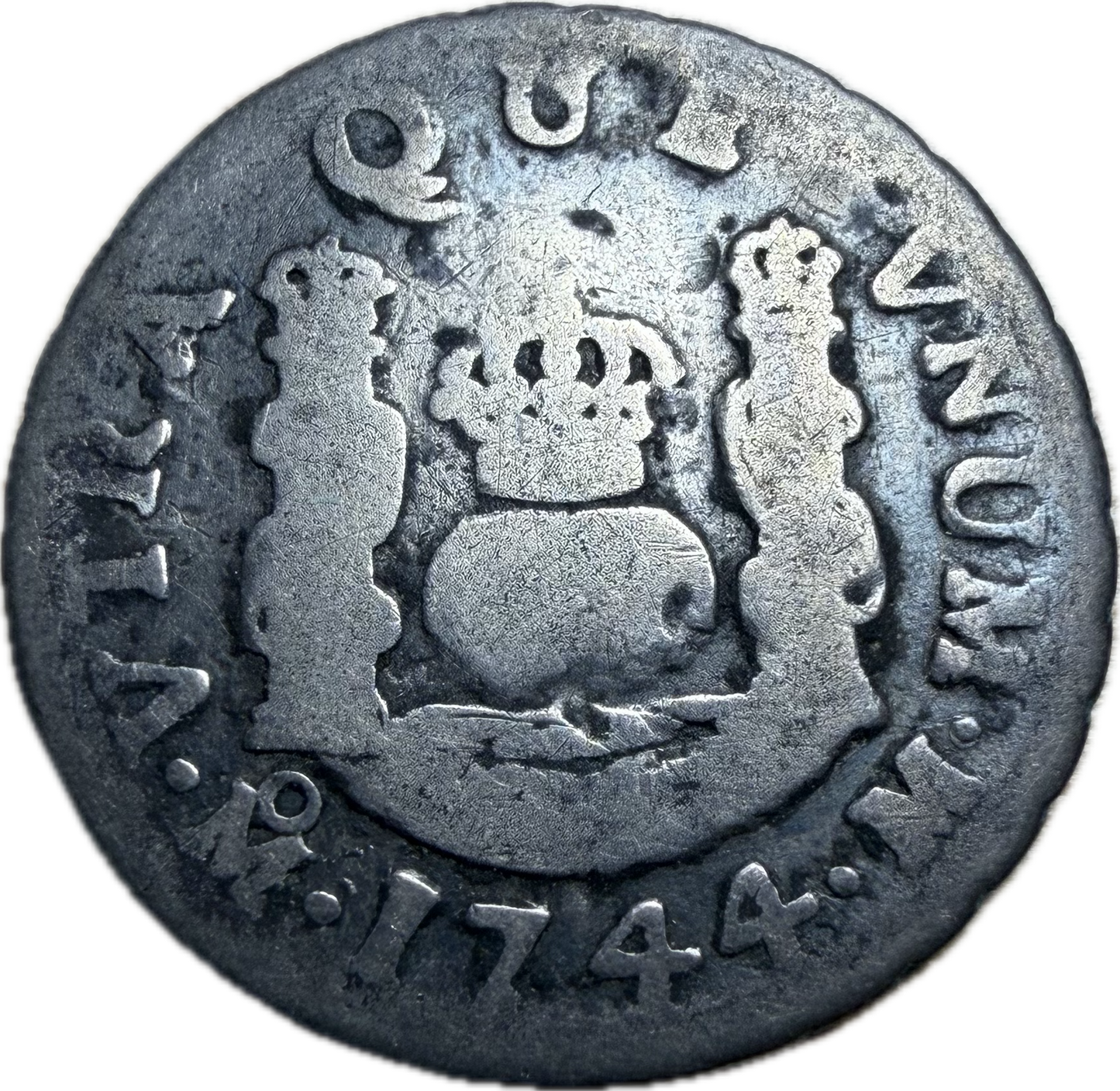 1744 Mo-R Mexico 1 Real Philip V Silver Pillar Coin AG3 Raw
