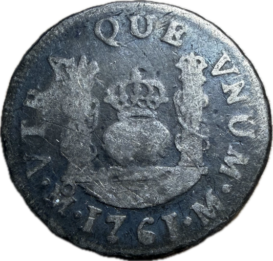1761-Mo M Spanish Colonial Silver 1 Real — Mexico Mint Pillar Dollar Era — Fine Details Cleaned
