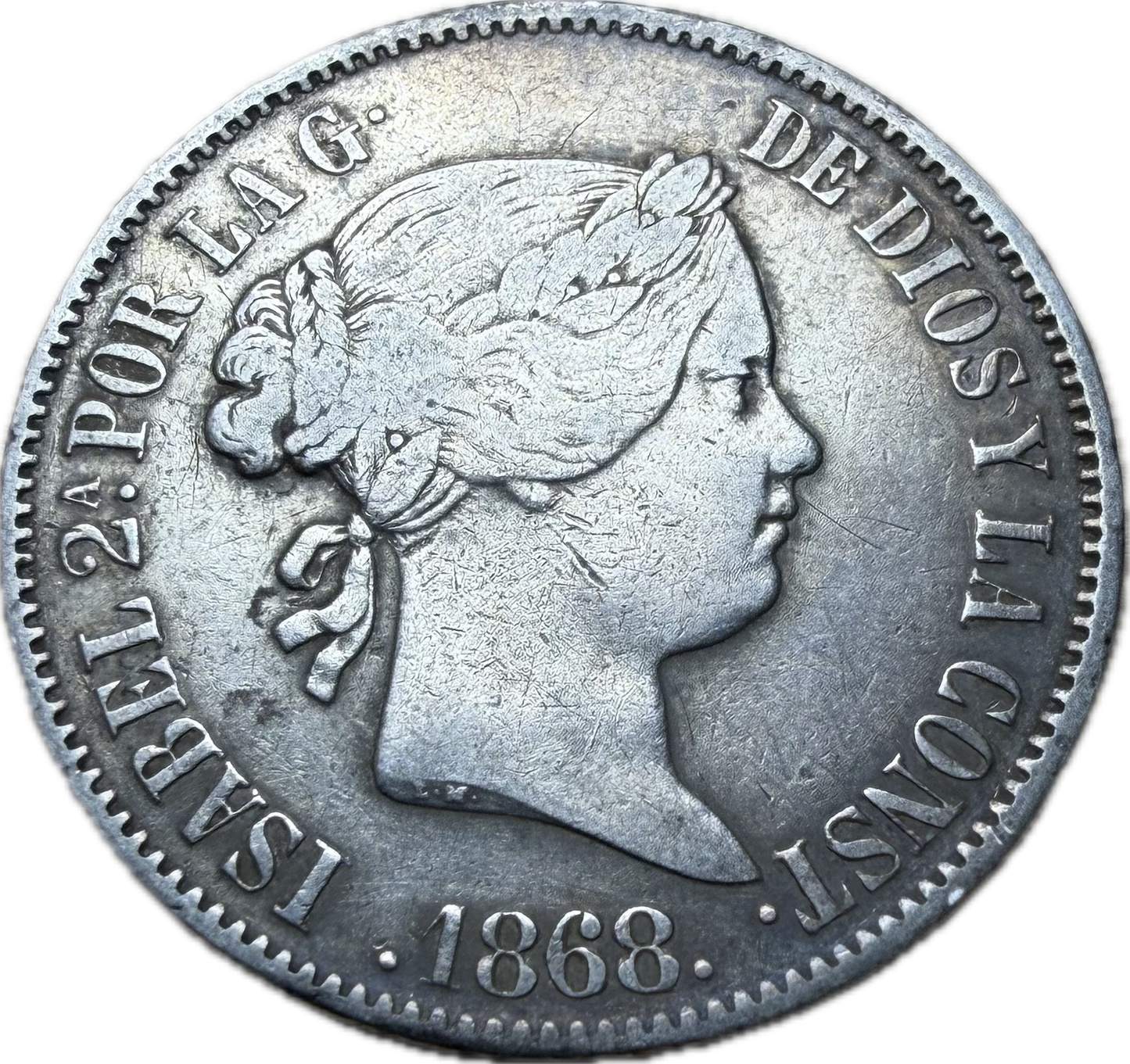 1868 Spain 50 Céntimos de Escudo Silver Coin VF25 | Queen Isabella II | KM 652