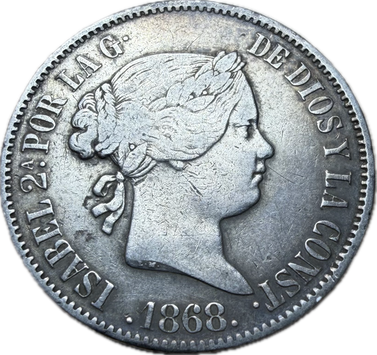 1868 Spain 50 Céntimos de Escudo Silver Coin VF25 | Queen Isabella II | KM 652