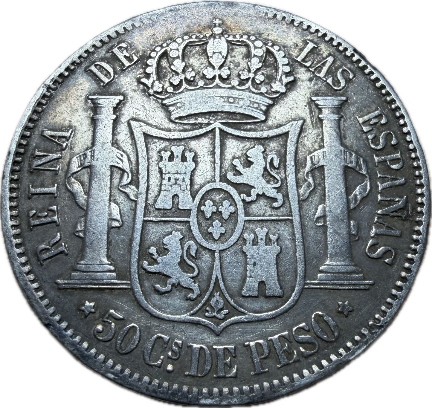 1868 Spain 50 Céntimos de Escudo Silver Coin VF25 | Queen Isabella II | KM 652