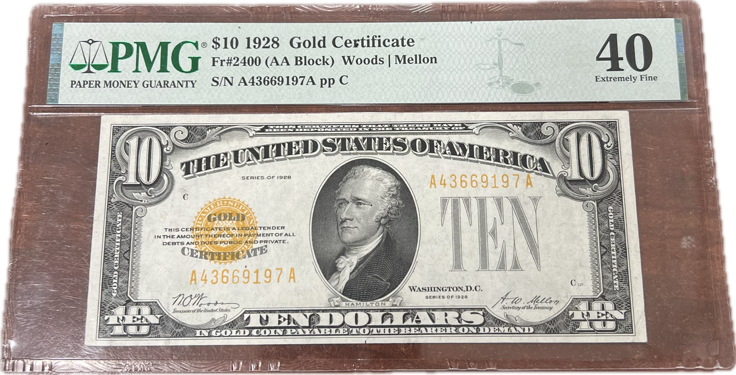 $10 1928 Gold Certificate PMG EF40