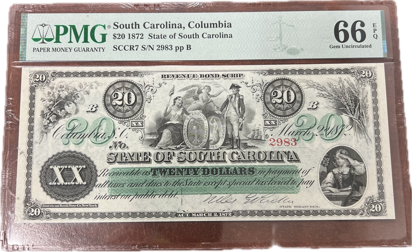 $20 1872 State of South Carolina, Columbia PMG EPQ66