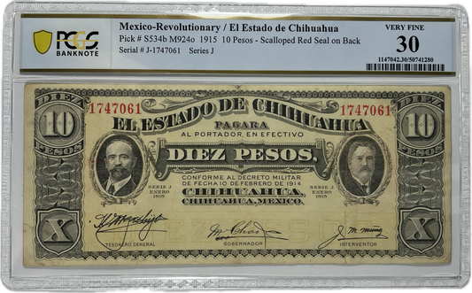 1915 Mexico 10 Pesos El Estado de Chihuahua PCGS VF30