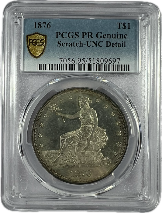1876 $1 Trade Dollar PCGS PR Genuine Scratch-UNC Detail
