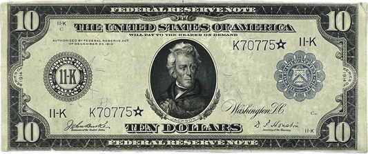 $10 1914 US Federal Reserve F-946 Blue Seal, Dallas Star Note (Raw UNC 60)
