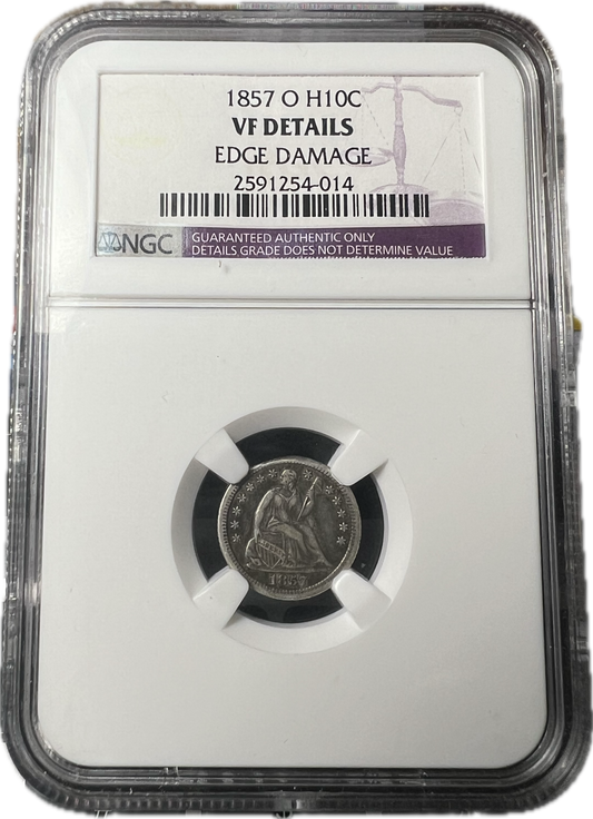 1857-O H10C  Liberty Seated Half Dime NGC VF Details Edge Damage
