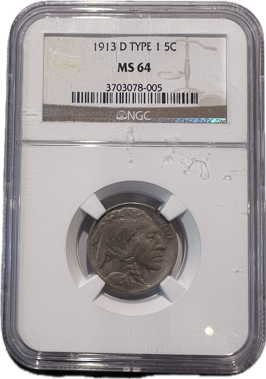 1913-D Type I 5C Buffalo Nickel NGC MS64