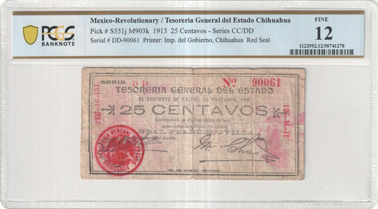 1913 Mexico 25 Centavos Tesoreria General del Estado Chihuahua PCGS F12