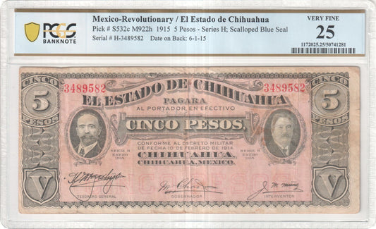 Mexico 1915 El Estado de Chihuahua 5 Pesos Scalloped Blue Seal PCGS VF25